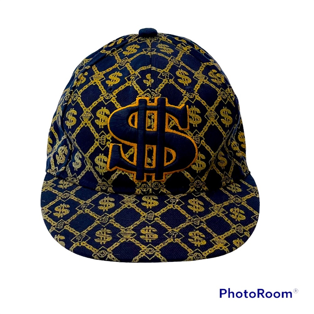Dollar Sign Money #7 Mens Baseball Cap Blue & Gold Fitted Back New Size 6 1/8”.